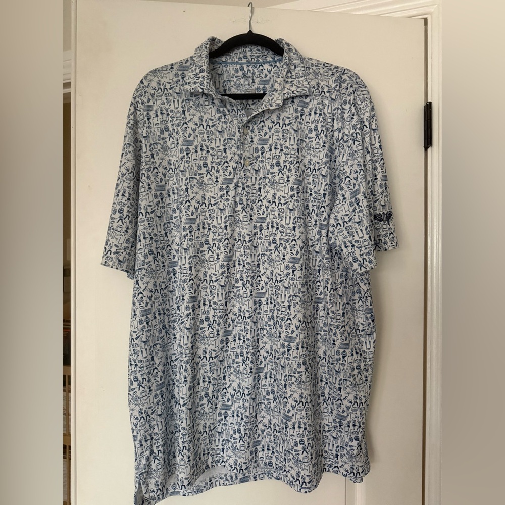 johnnie-O Blue White Fun Football Pattern Polo Performance Olympic Club SF Logo